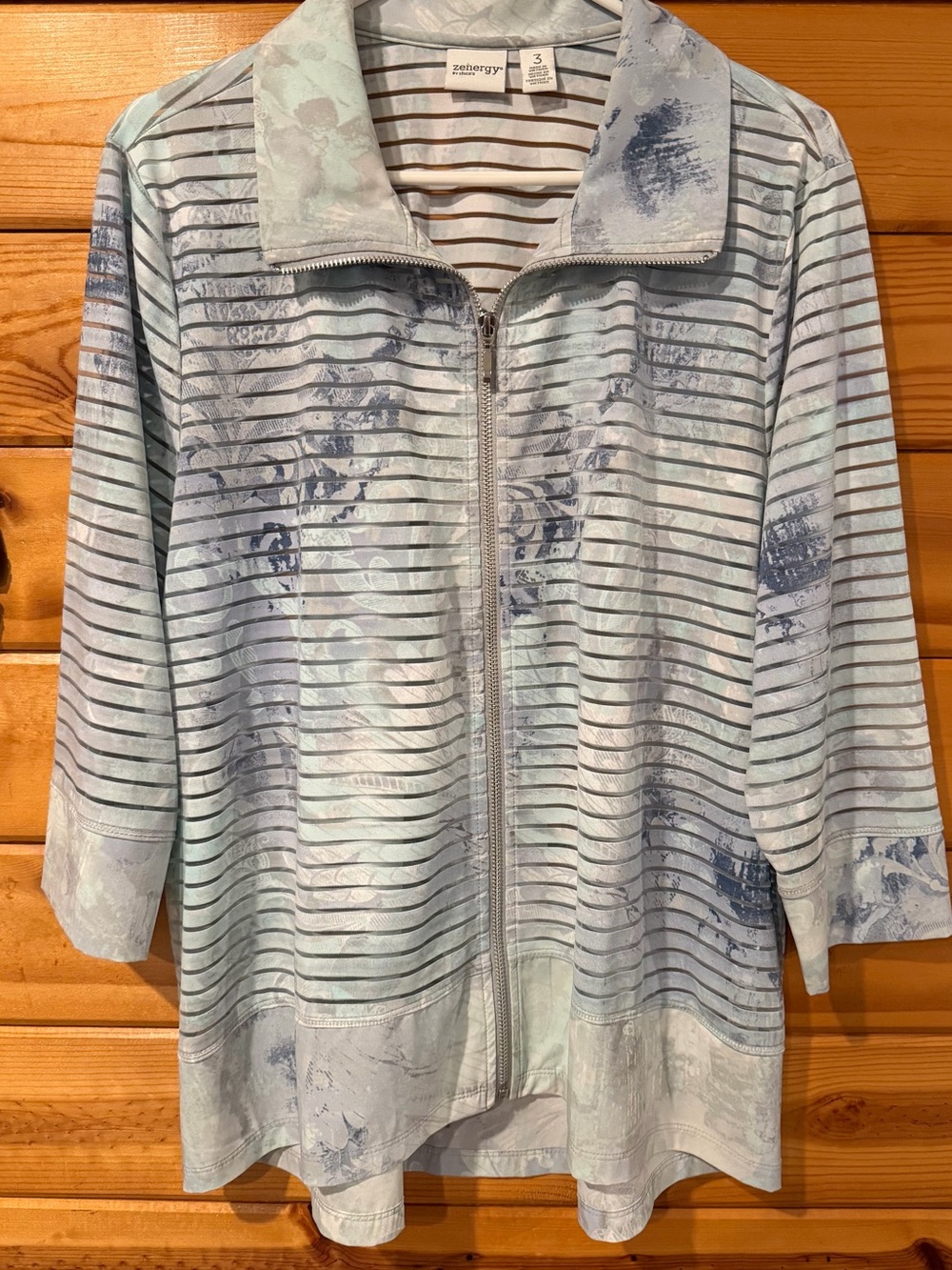 Chico's Light Blue & Navy Striped Zip-Front Jacket